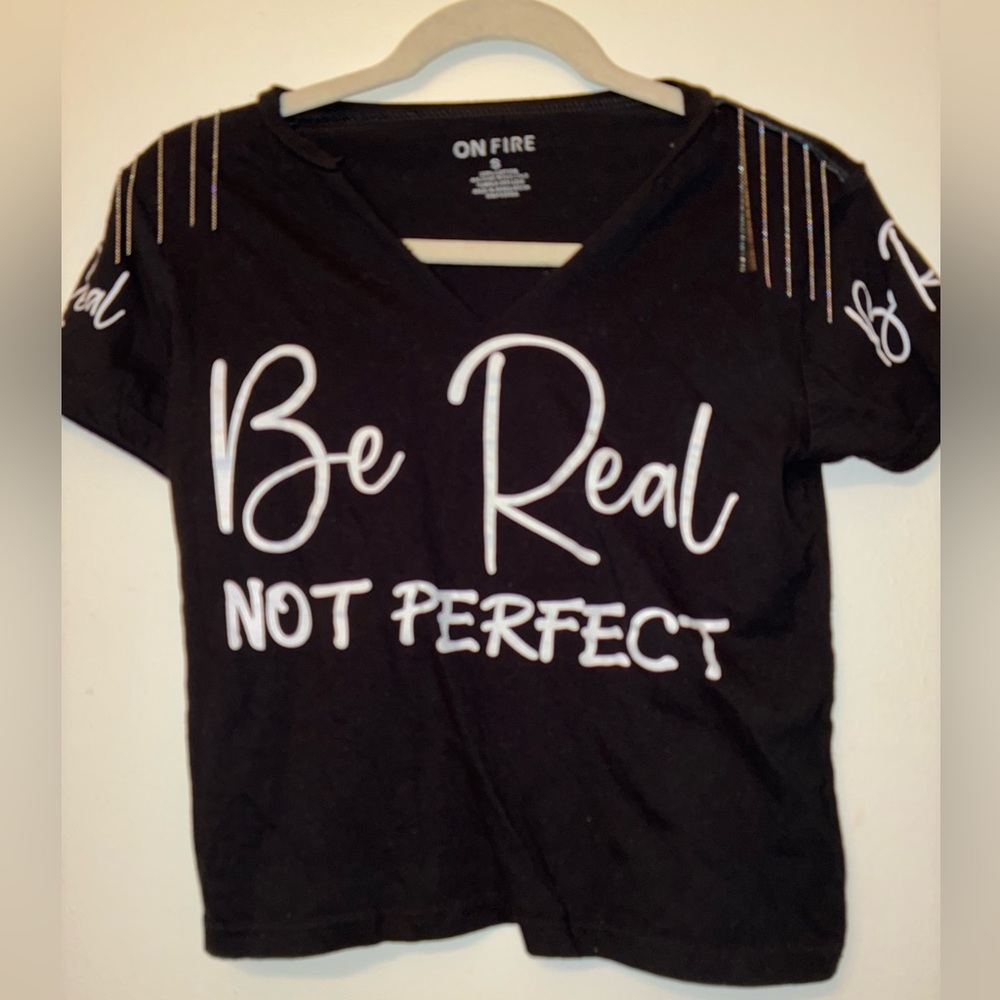 Be REAL not Perfect v neck embellished tee size S by on fire